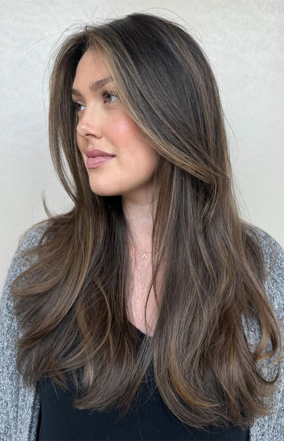 Side Bangs Dark Brown With Subtle Ash Blonde Balayage Side Bangs Dark Brown With Subtle Ash Blonde Balayage — Reverse Balayage