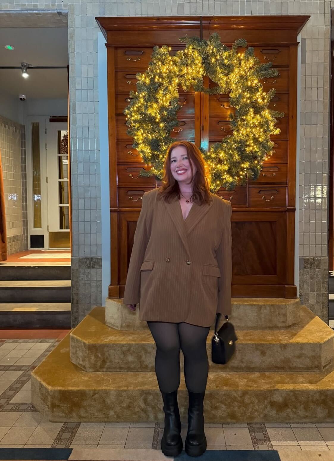 Chic Evening: Oversized Pinstripe Blazer and Tights — Winter Outfits for Curvy Women