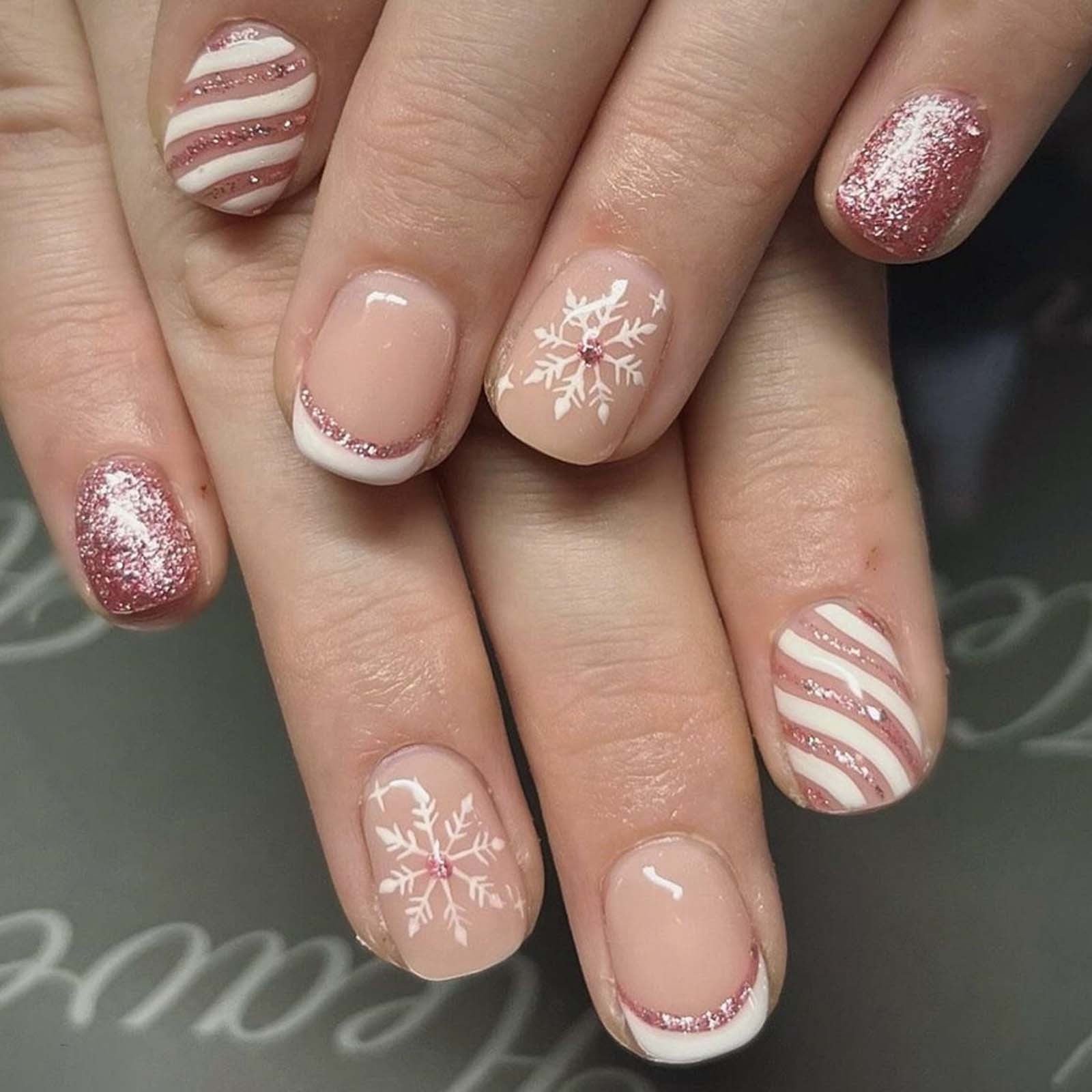 Pink Glitter French with Snowflake Accents Pink Glitter French with Snowflake Accents — Short Winter Acrylic Nails