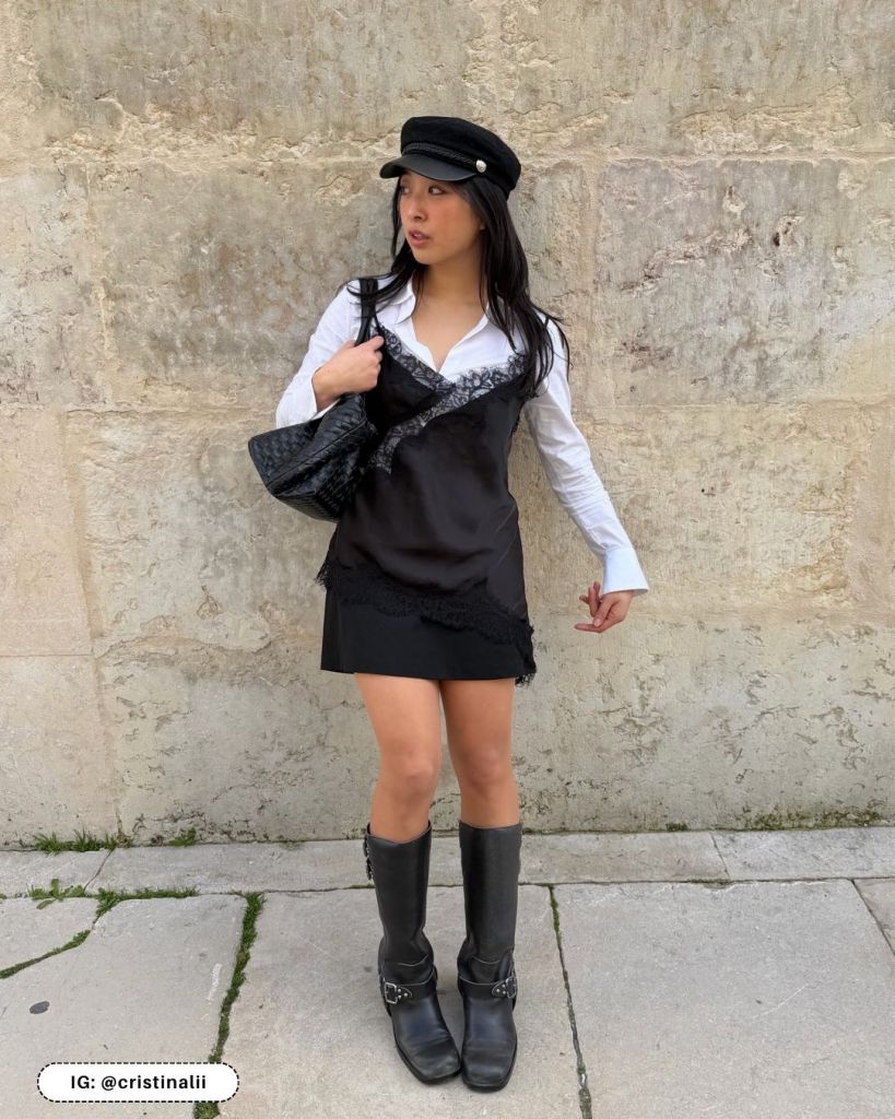 Lace Trim Detail: Slip Dress and Mid-Calf Boots Lace Trim Detail: Slip Dress and Mid-Calf Boots — Black Boots Outfits