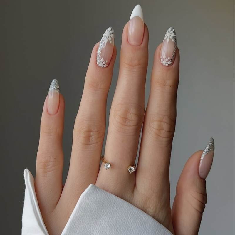 Clear Base with Silver Glitter Snowflakes — Winter Nails