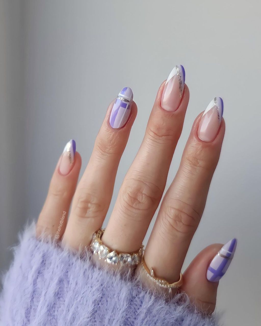 Purple Plaid Silver Stripe Almond Nails Purple Plaid Silver Stripe Almond Nails — Medium Length Winter Nails