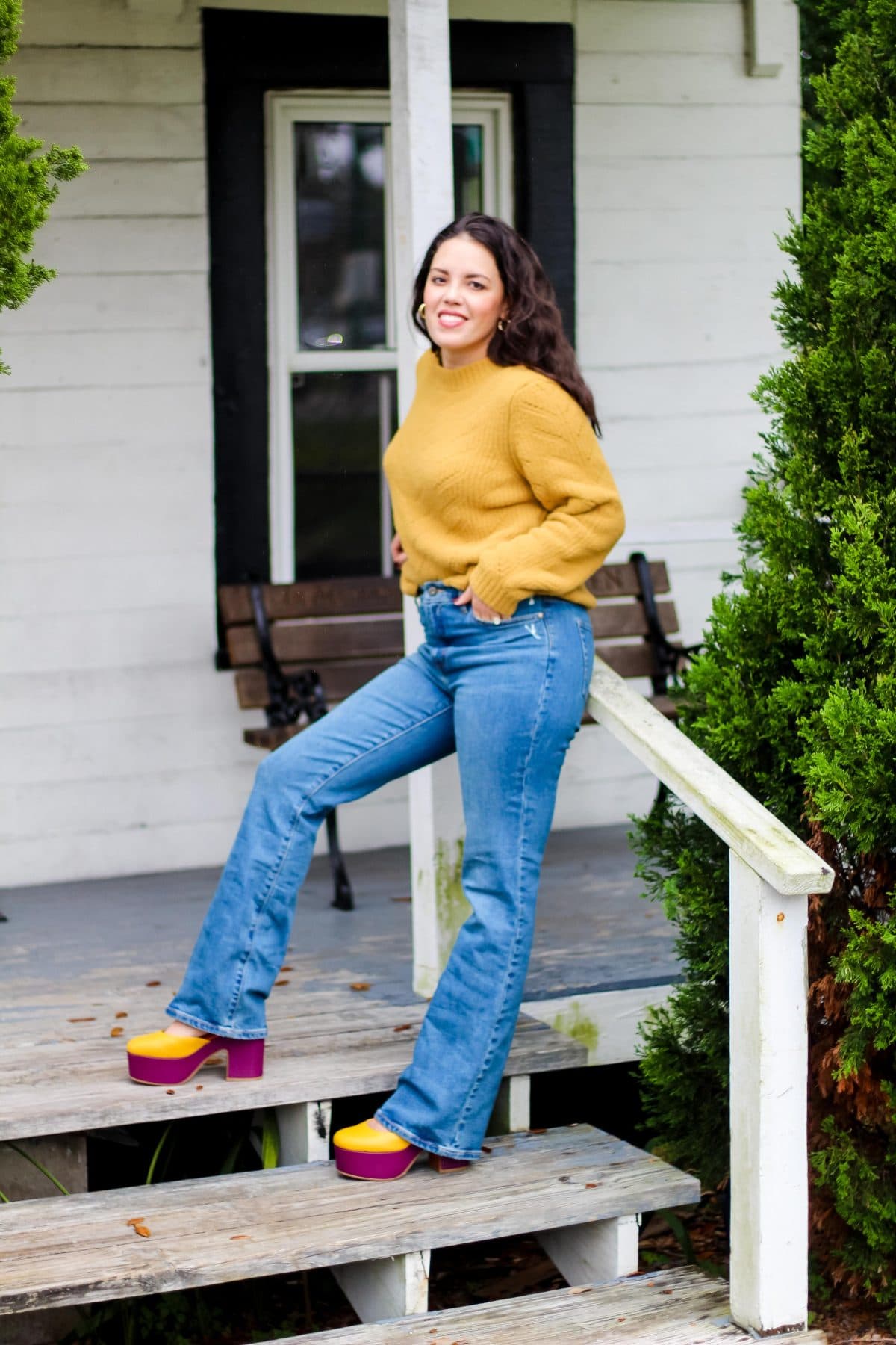 Mustard Yellow Sweater with Flare Jeans and Clogs Mustard Yellow Sweater with Flare Jeans and Clogs — Winter Outfits for Warm Weather