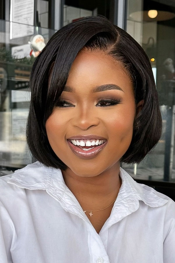 Jet Black Bob With Layered Ends And Side Bangs Jet Black Bob With Layered Ends And Side Bangs — Jet Black Hair