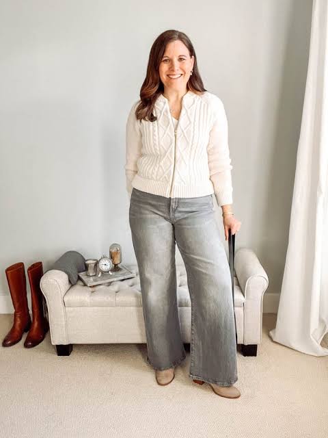 Minimalist Grey Wide-Leg Jeans with a White Cardigan — Winter Outfits with Jeans