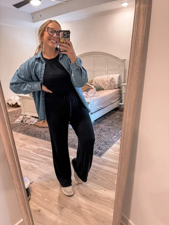 Black Wide-Leg Pants with Oversized Denim Shirt — Winter Teacher Outfits