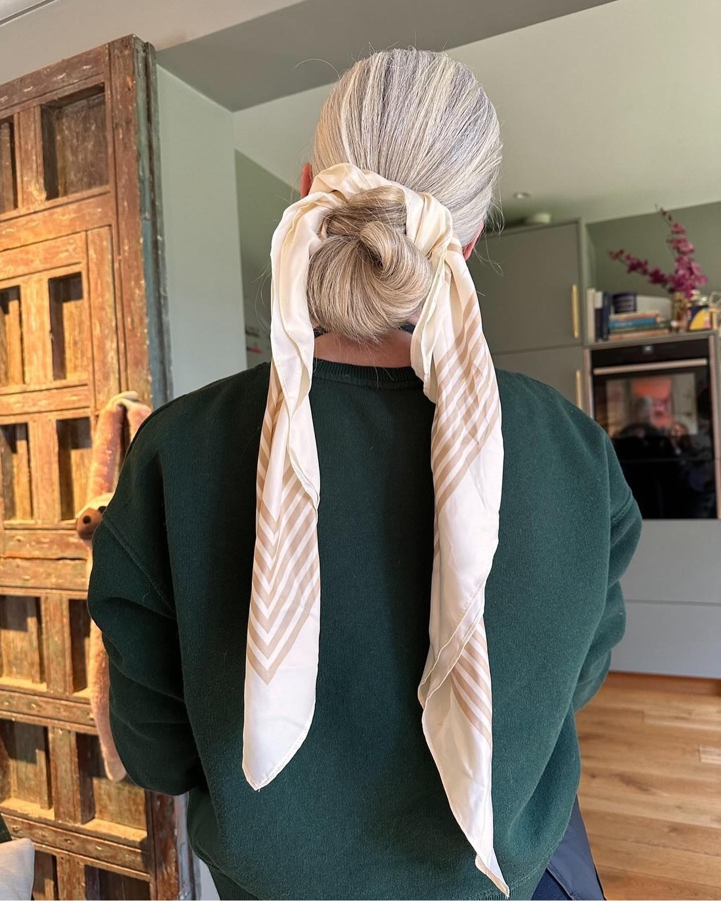 Blonde and Grey Bun With Scarf Blonde and Grey Bun With Scarf — Winter Protective Hairstyles