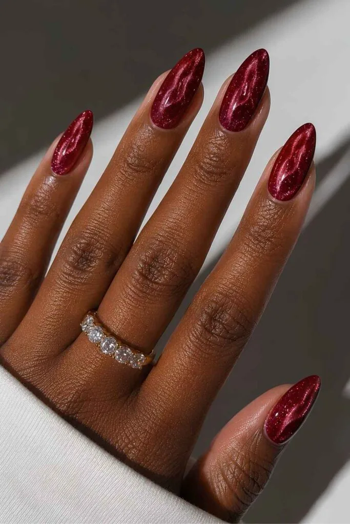 Deep Red Glitter Flame Almond Nails Deep Red Glitter Flame Almond Nails — Velvet Nails