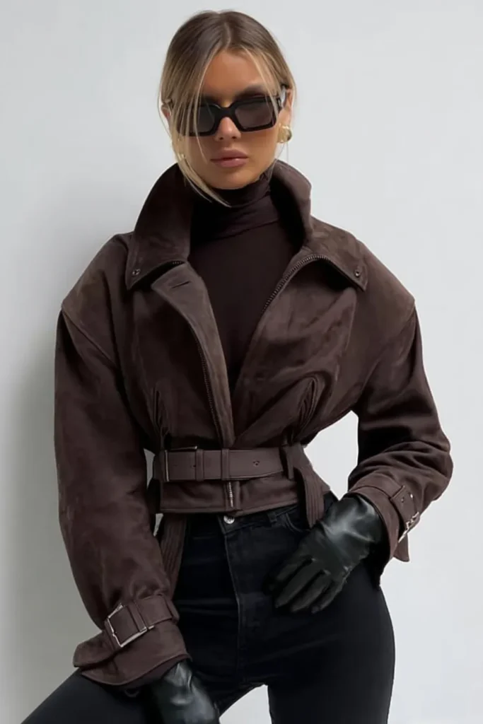Belted Suede Jacket and Turtleneck for a Fitted Daytime Look — Classy Winter Outfits