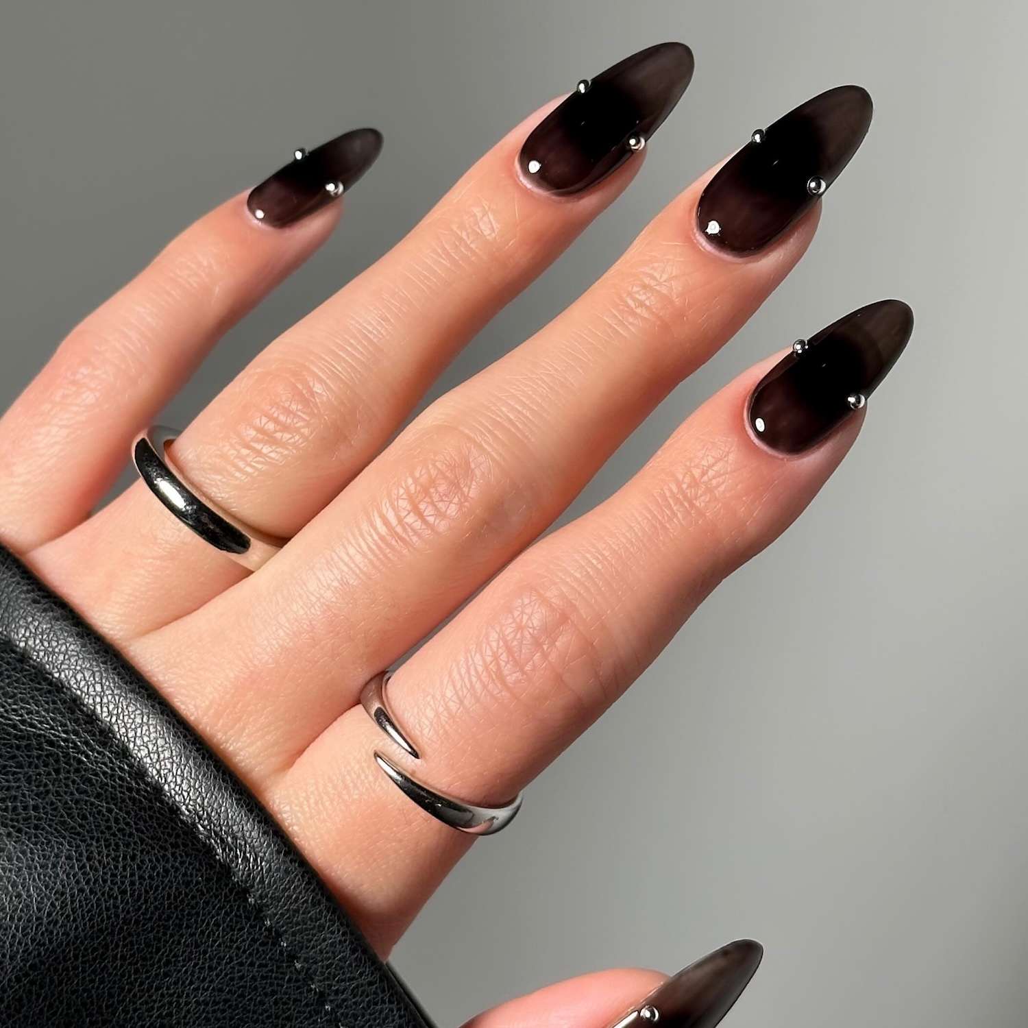 Sheer Black Gradient Studded Almond Nails Sheer Black Gradient Studded Almond Nails — Almond Nail Designs