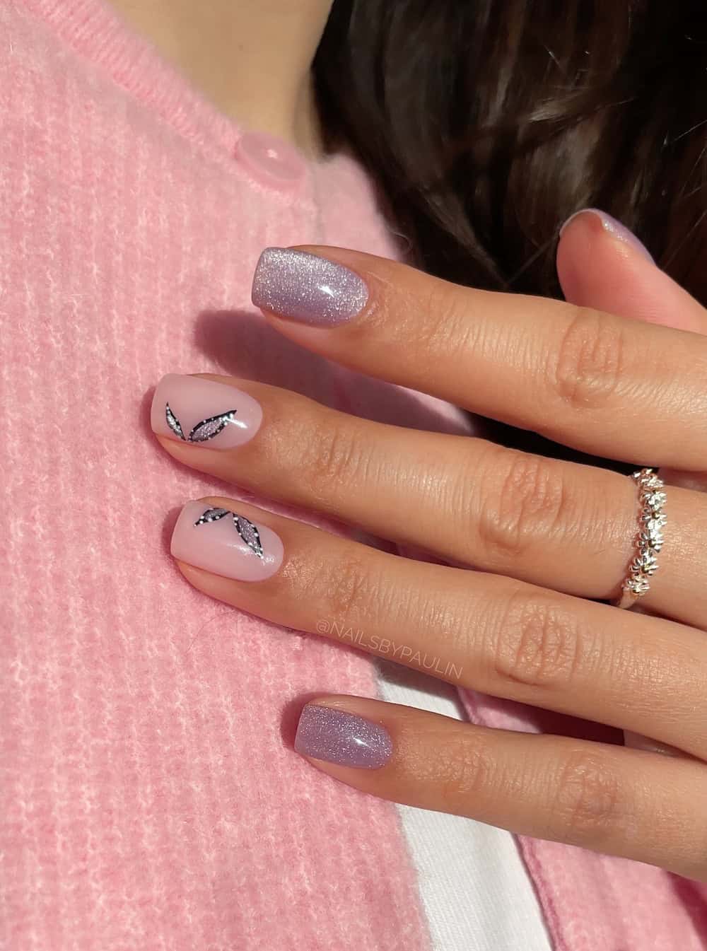 Short Square Pale Pink Leaf Motif — Winter to Spring Transition Nails