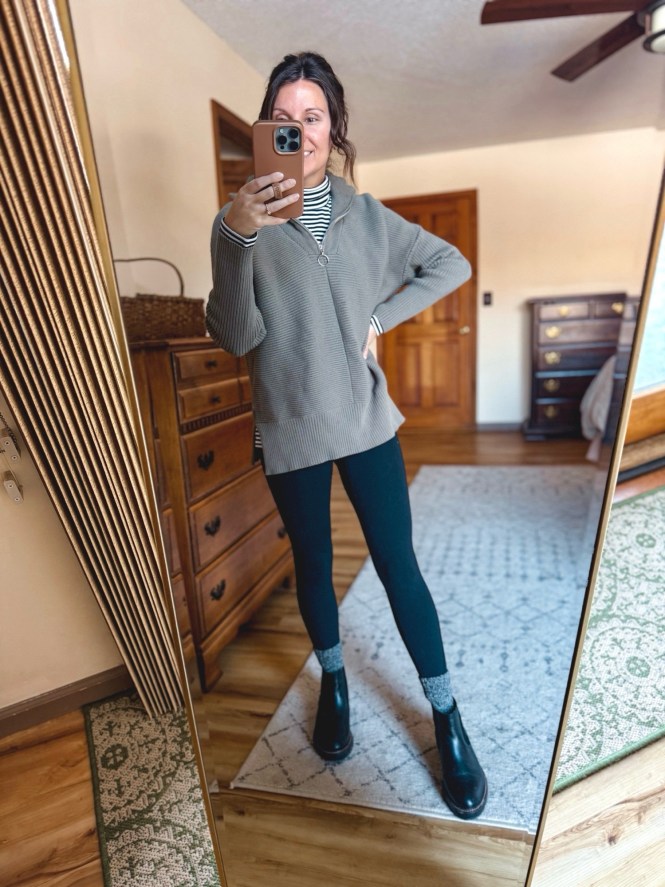 Quarter-Zip Cozy: Oversized Sweater over Leggings — Comfy Winter Outfits