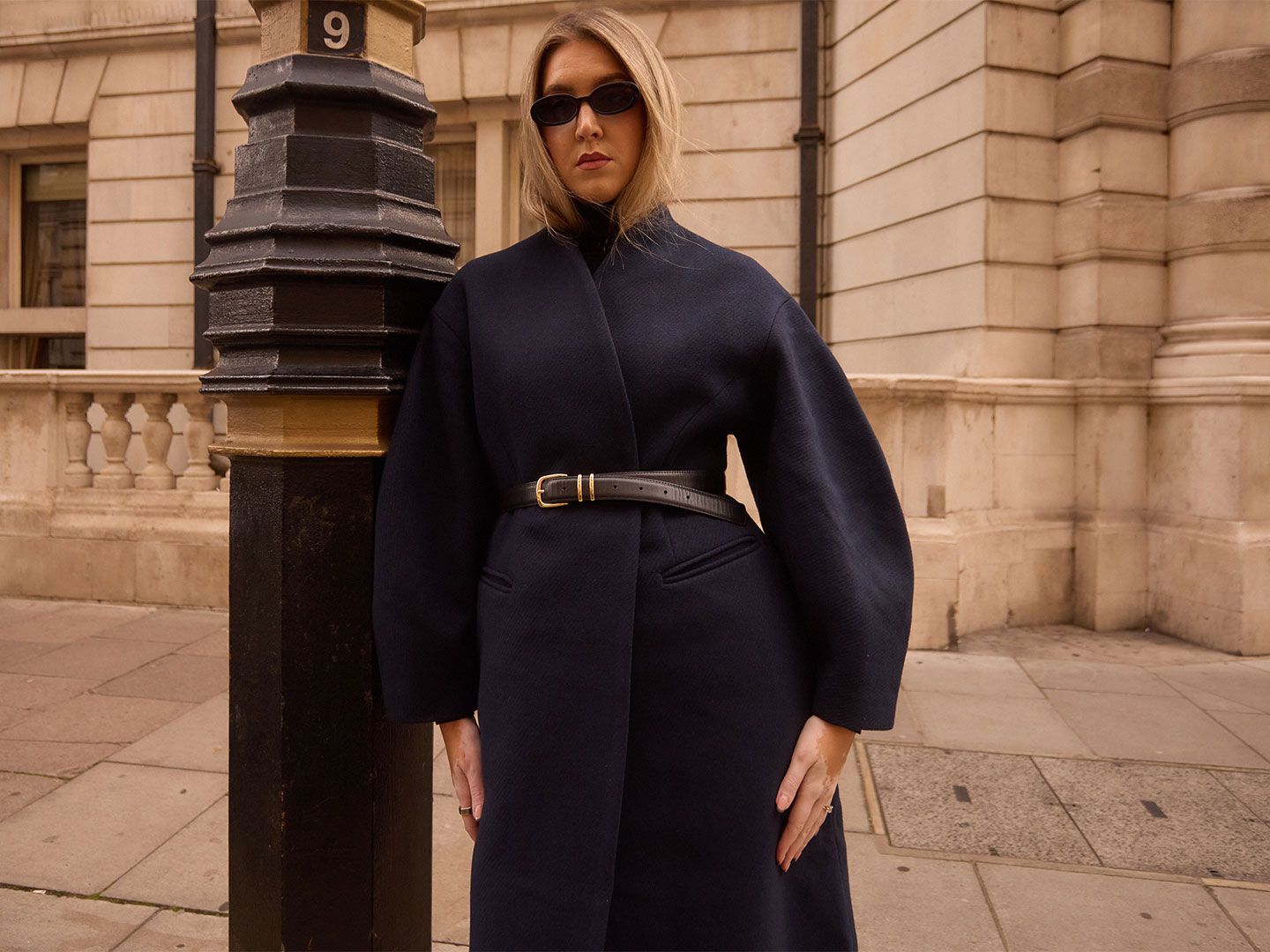 Structured Navy Wool Coat with Belted Waist — Wool Coat Outfits