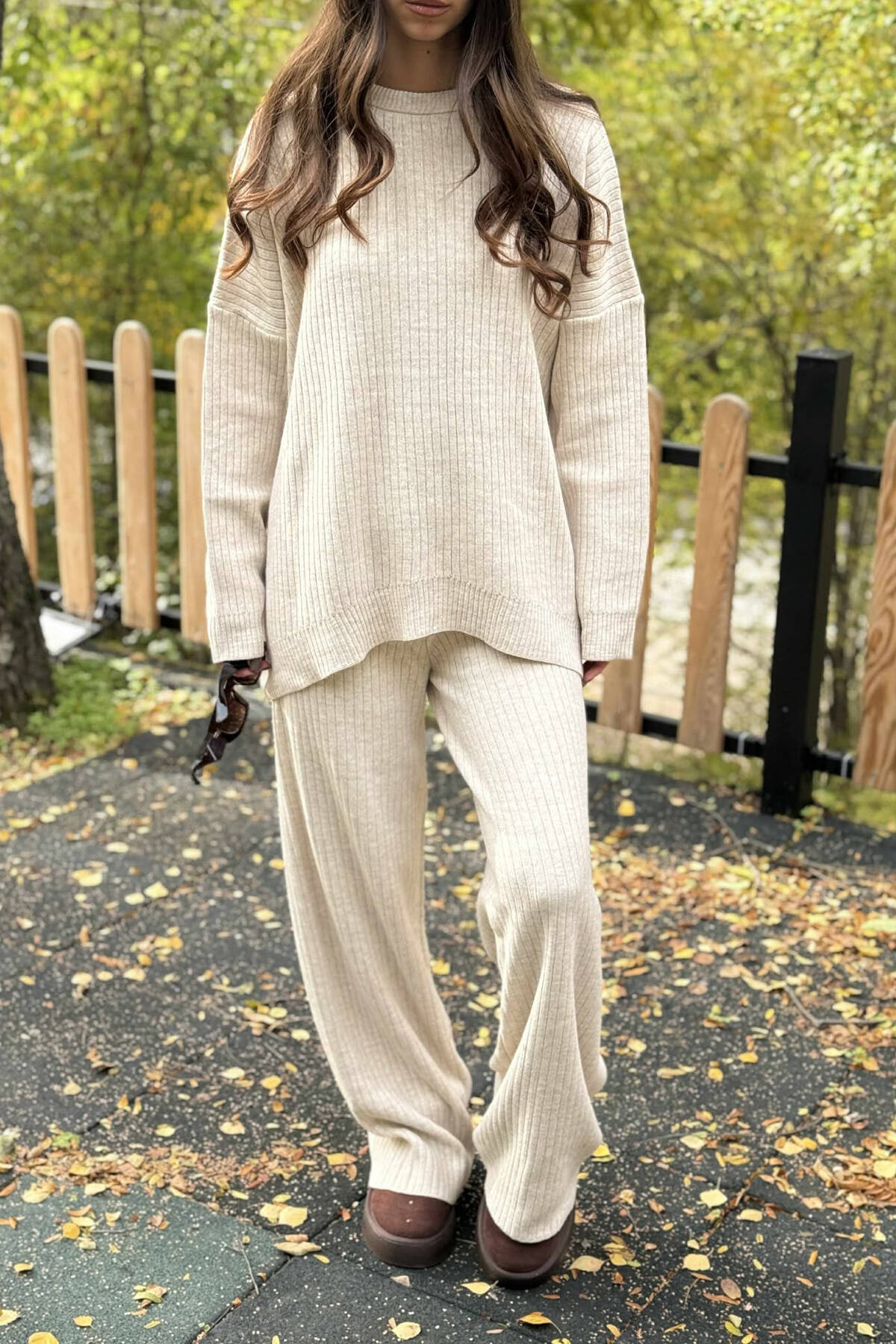 Beige Ribbed Knit Set with Oversized Sweater Beige Ribbed Knit Set with Oversized Sweater — Knit Set Outfits