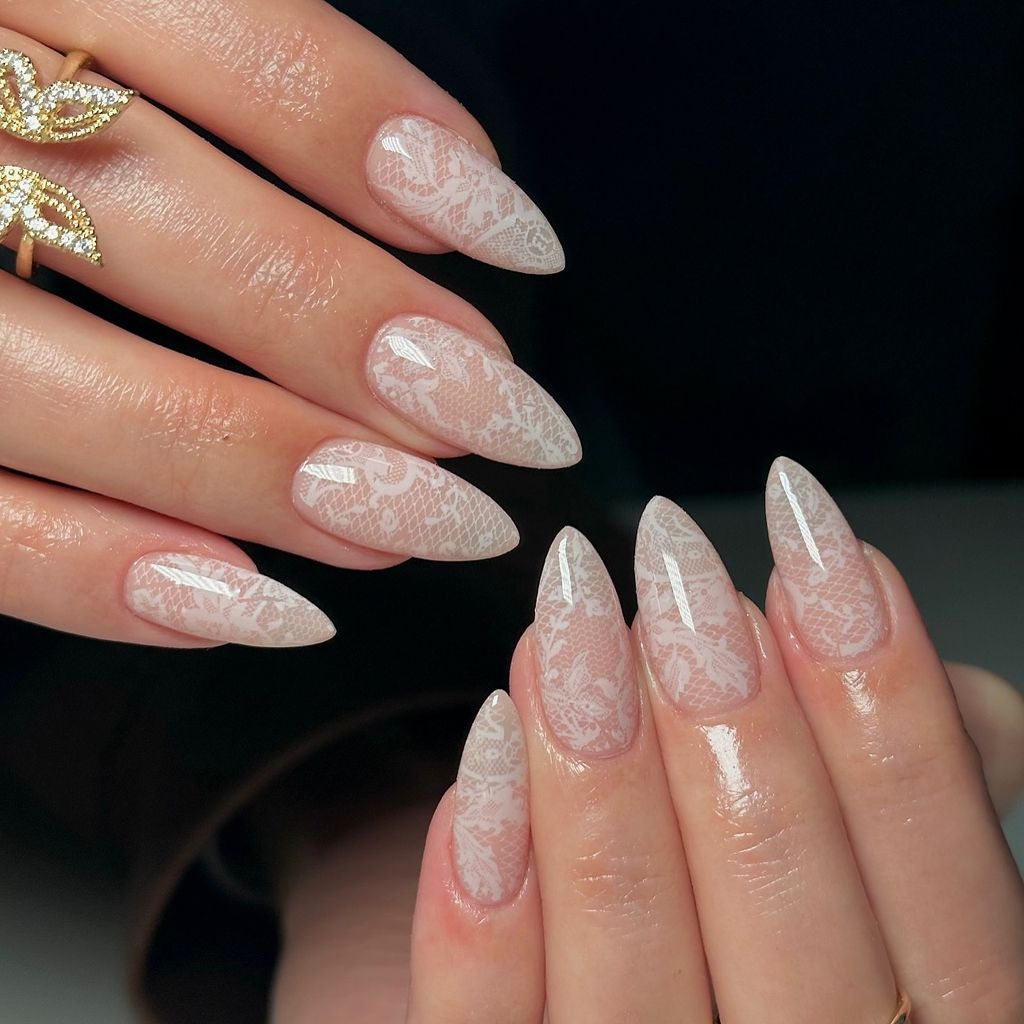 Sheer White Lace Pattern Wedding Nails — Winter Wedding Nails