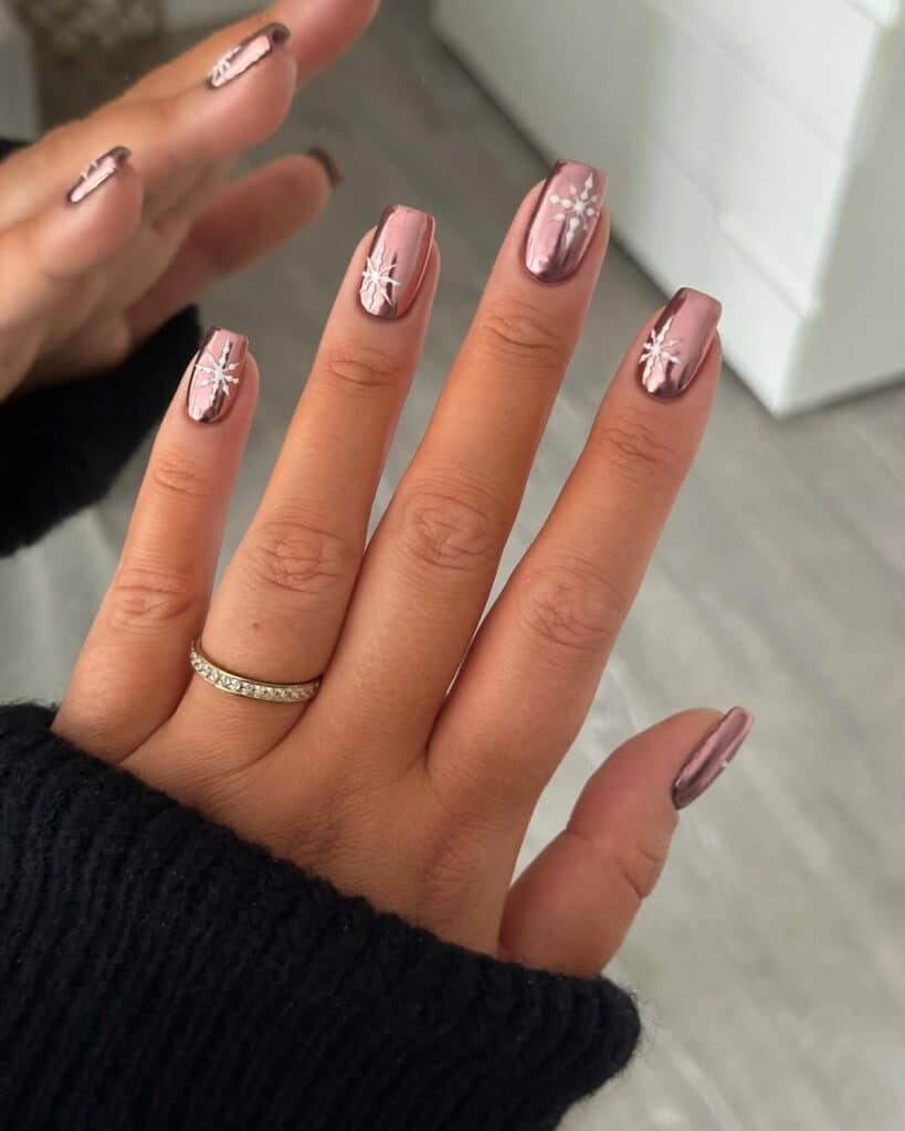 Rose Gold Chrome Snowflake Coffin Nails Rose Gold Chrome Snowflake Coffin Nails — Winter Nail Colors for Women Over 50
