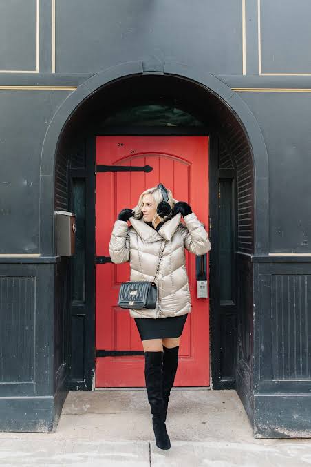 Chic Winter Evening: Puffer Jacket and Mini Dress — Earmuffs Outfits