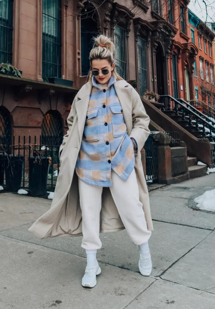 Layered Sophistication: Trench Coat and Plaid Shirt with White Joggers — Sweatpants Outfits