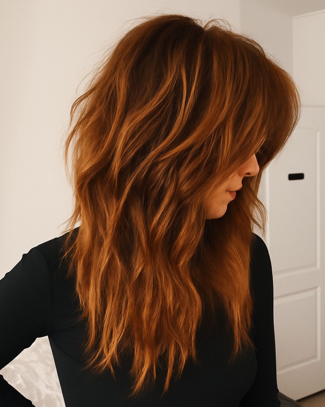Shoulder-Length Copper Red Shag With Layers Shoulder-Length Copper Red Shag With Layers — Winter Haircuts for Wavy Hair