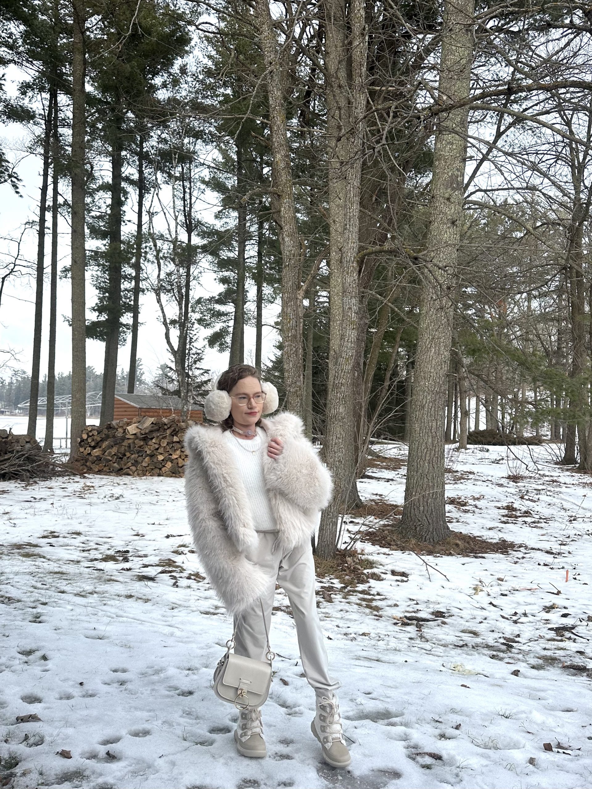 Faux Fur Coat and Cream Trousers for a Luxe Cabin Feel — Cabin Trip Outfits