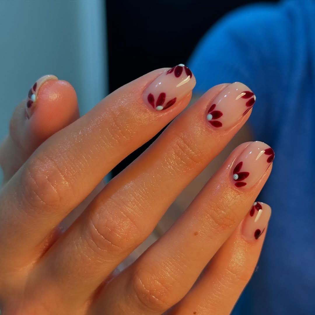 Floral Dot Short Almond Nails Floral Dot Short Almond Nails — Black Cherry Nails