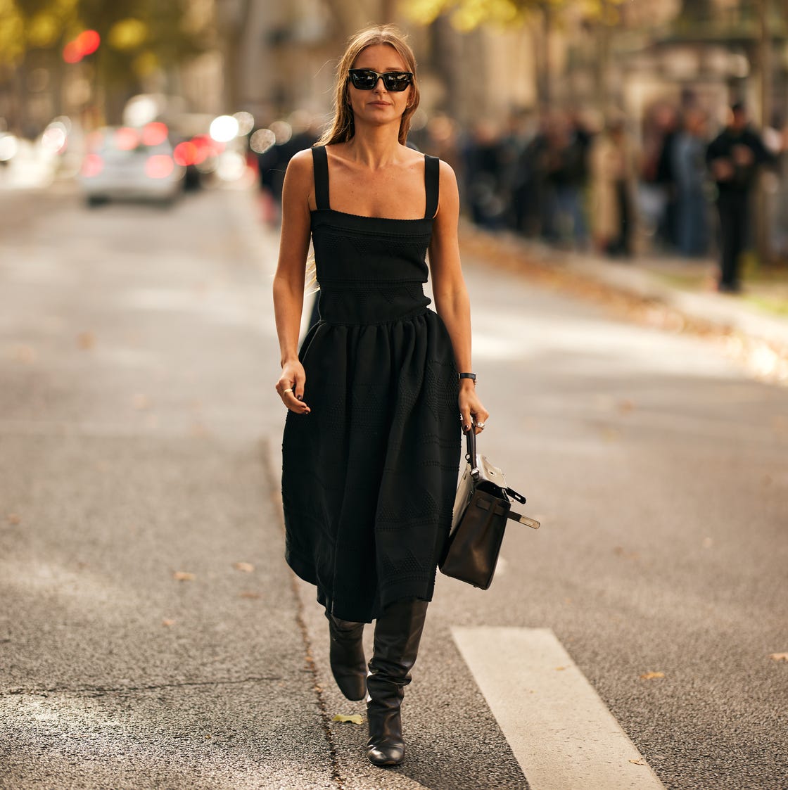 Textured Midi Dress with Dark Knee-High Boots Textured Midi Dress with Dark Knee-High Boots — Knee High Boots Outfits