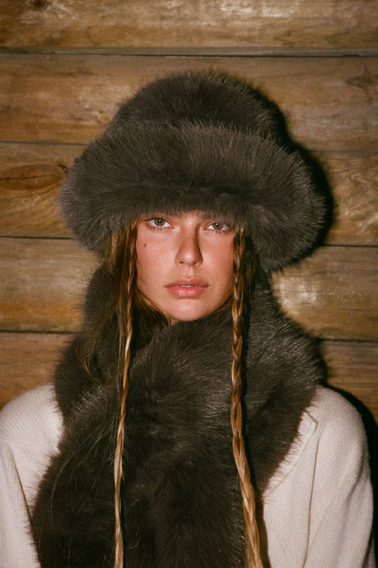 Grey Faux Fur Bucket Hat and Scarf with Knit Sweater — Fur Hat Outfits