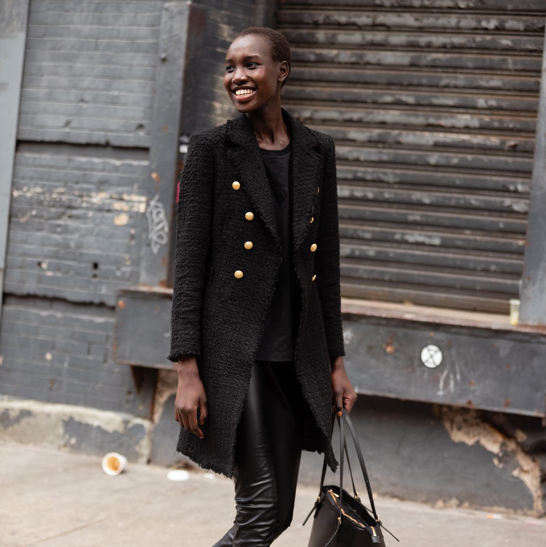 Monochromatic Black Peacoat with Leather Pants Monochromatic Black Peacoat with Leather Pants — Peacoat Outfits