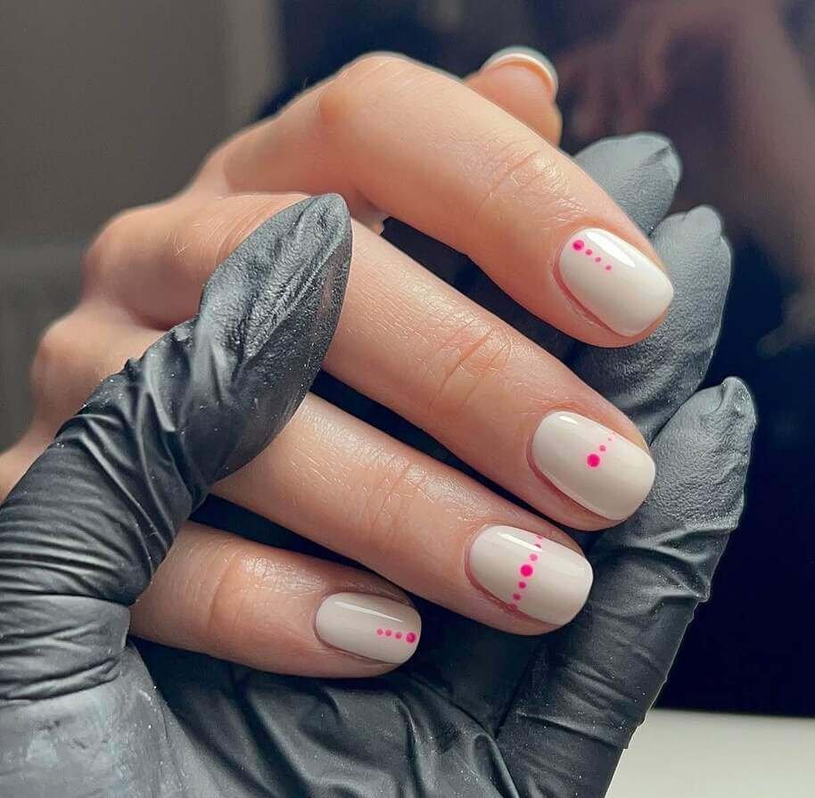 Light Neutral with Pink Dot Accents — Easy Nail Designs