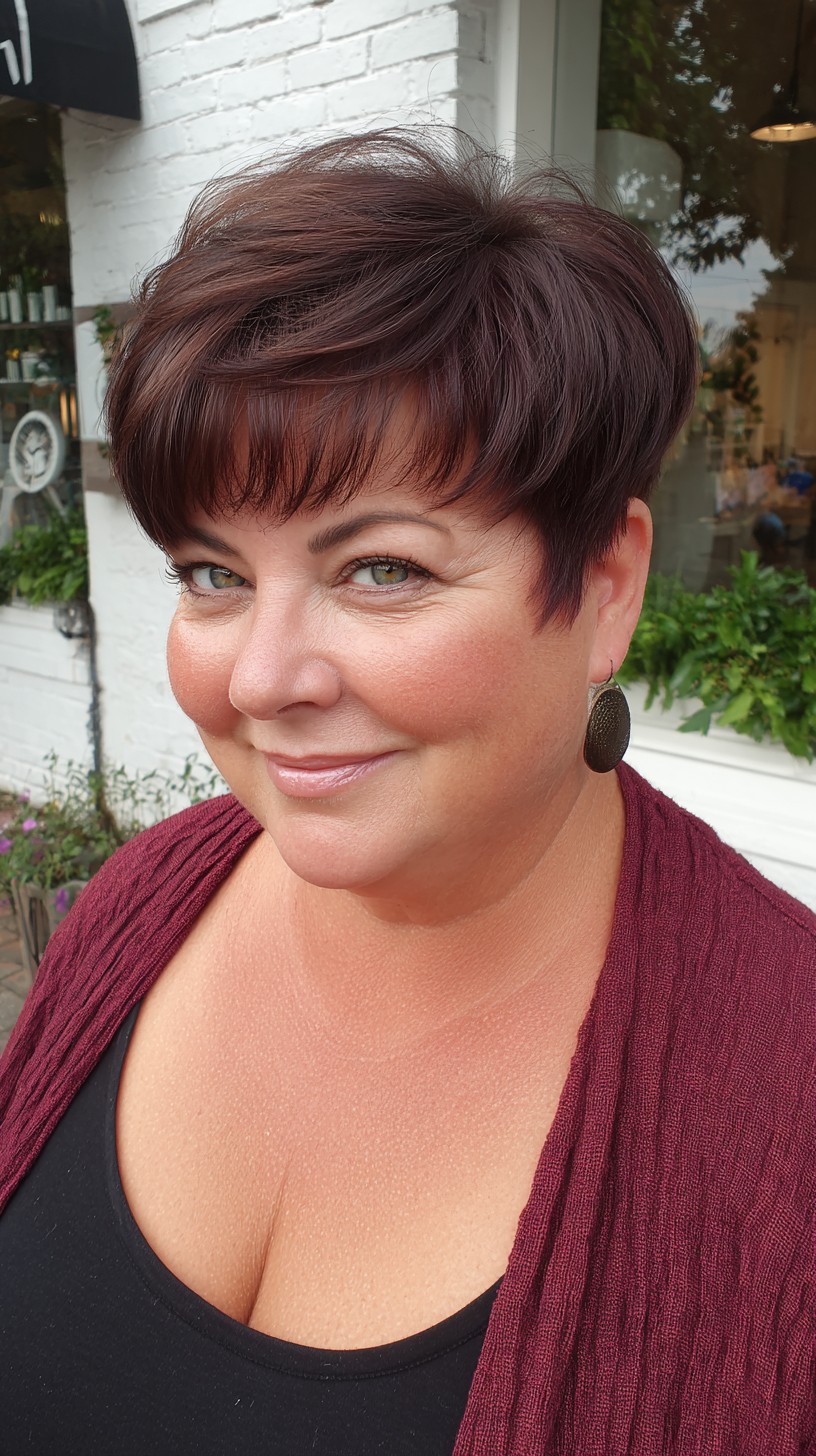 Chic Dark Auburn Pixie Bob — Winter Hairstyles for Plus Size Women