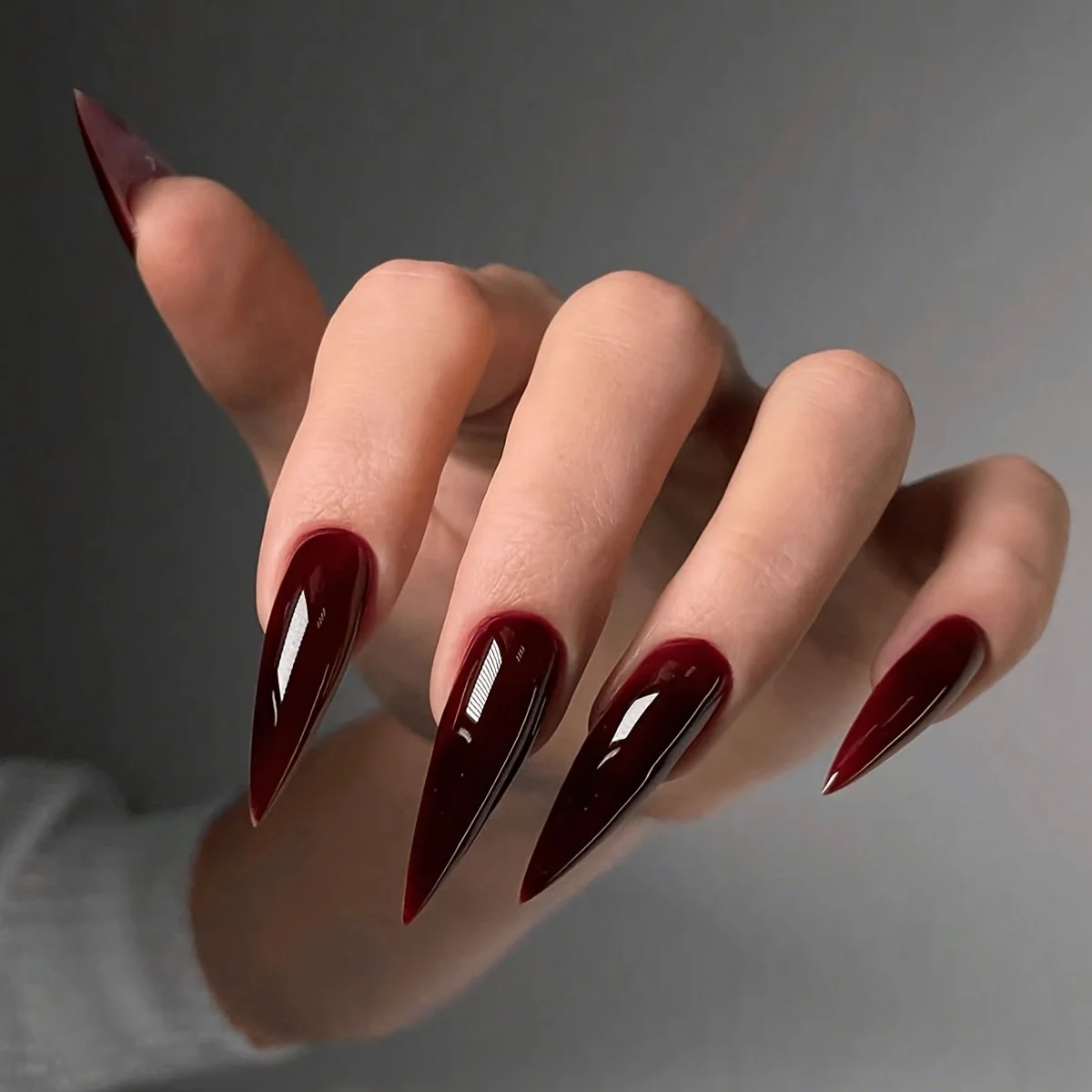 Vibrant Deep Red Long Stilettos — Winter Gel Nail Colors