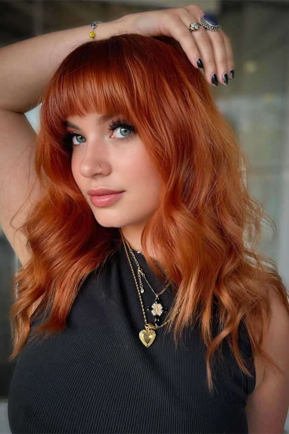 Bright Copper With Blunt Bangs Bright Copper With Blunt Bangs — Winter Copper Hair Color