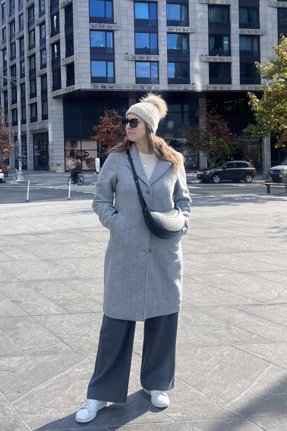 Relaxed Grey Wool Coat with Wide-Leg Pants and White Sneakers Relaxed Grey Wool Coat with Wide-Leg Pants and White Sneakers — NYC Winter Outfits