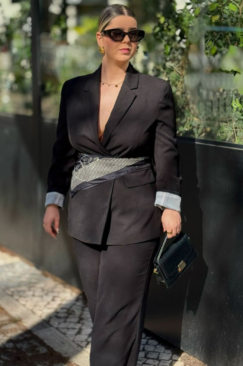 Scarf as a Chic Belt Accessory with Oversized Blazer and Trousers — Scarf Outfits
