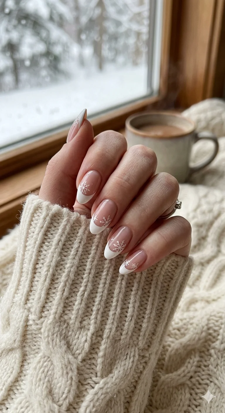 Sheer Pink French with Silver Snowflakes Sheer Pink French with Silver Snowflakes — Winter Round Nails
