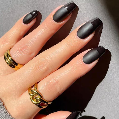 Matte Black Geometric Contrast Tips — Winter Black Nails