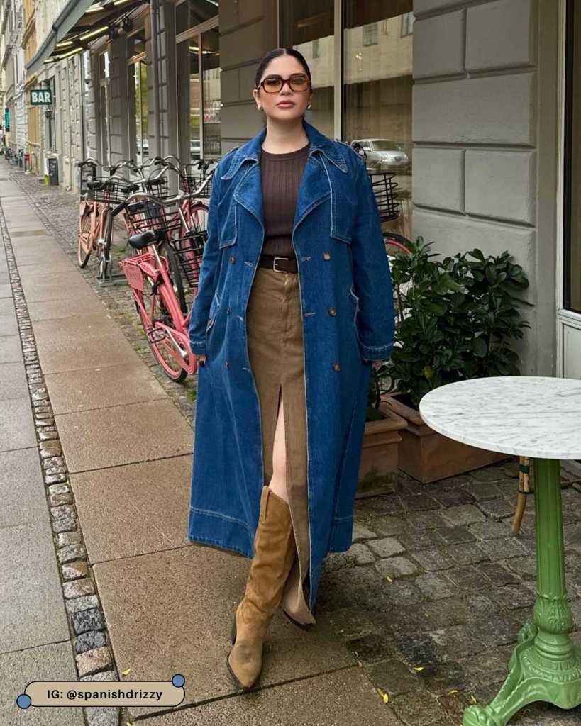 Denim Trench Coat with Suede Boots and Belt — Long Coat Outfits