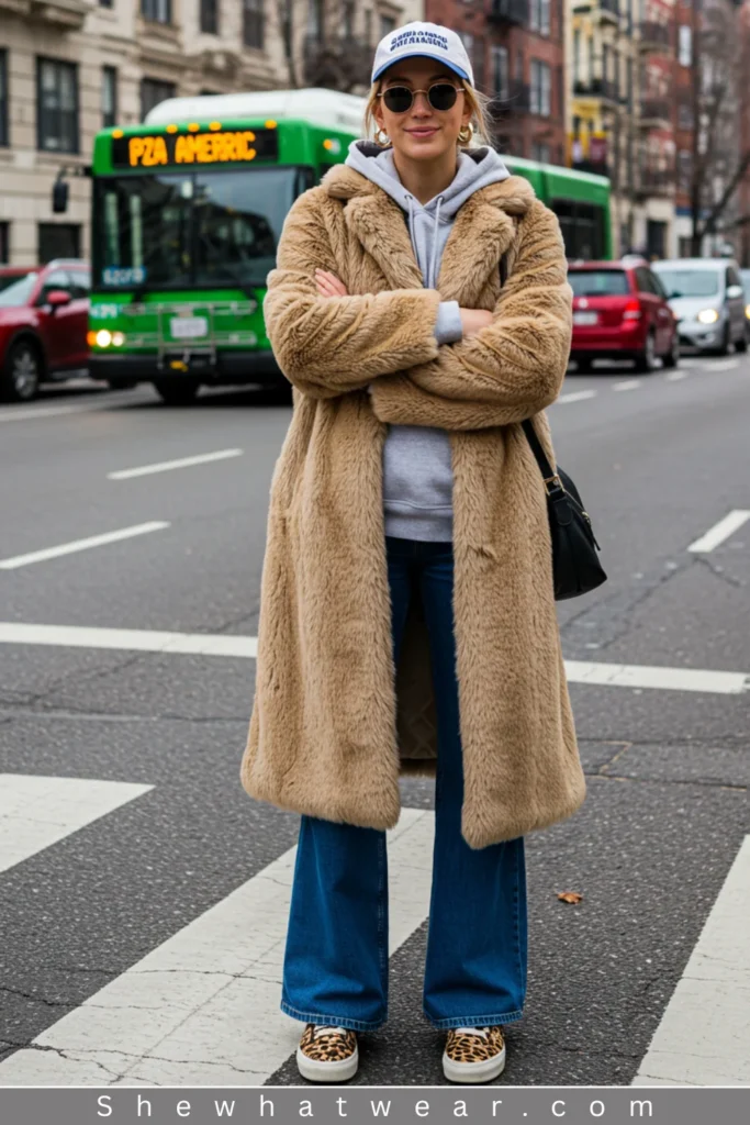 Grey Hoodie Under a Long Faux Fur Coat Grey Hoodie Under a Long Faux Fur Coat — Hoodie Outfits