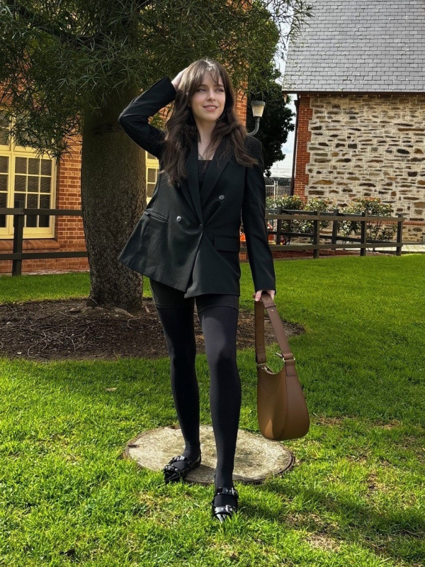 Smart Casual Polish: Black Tights with a Double-Breasted Blazer — Tights Outfits
