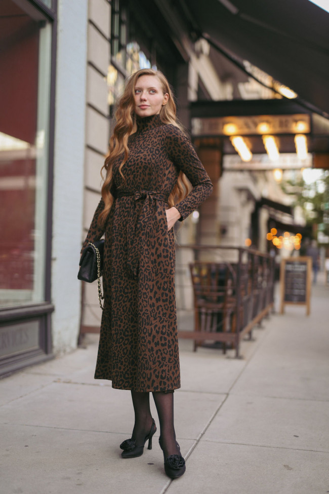 Leopard Print Midi Dress with Tights and Loafers Leopard Print Midi Dress with Tights and Loafers — Winter Church Outfits