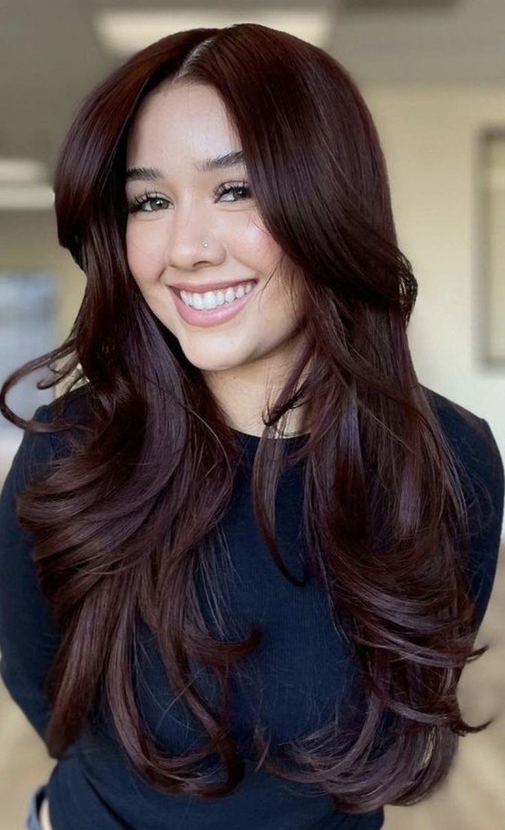 Deep Plum Brown with Side-Swept Bangs Deep Plum Brown with Side-Swept Bangs — Deep Winter Hair Color