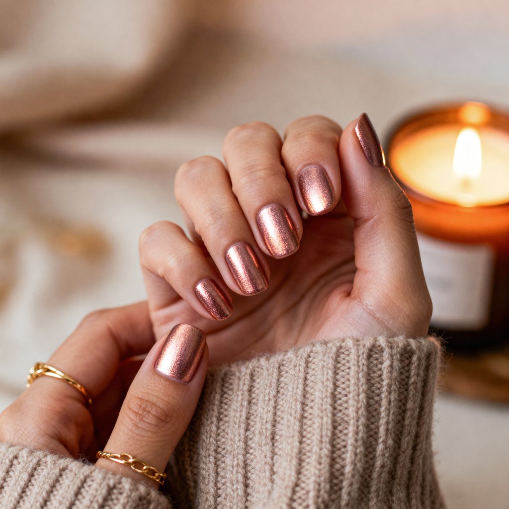 Shimmering Rose Gold Short Square Nails — Winter Nails