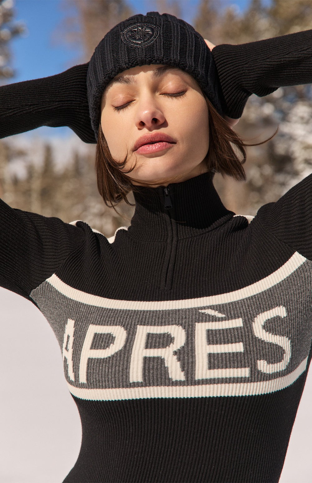 Striped Half-Zip Top with 'APRES' Text Striped Half-Zip Top with 'APRES' Text — Apres Ski Outfits