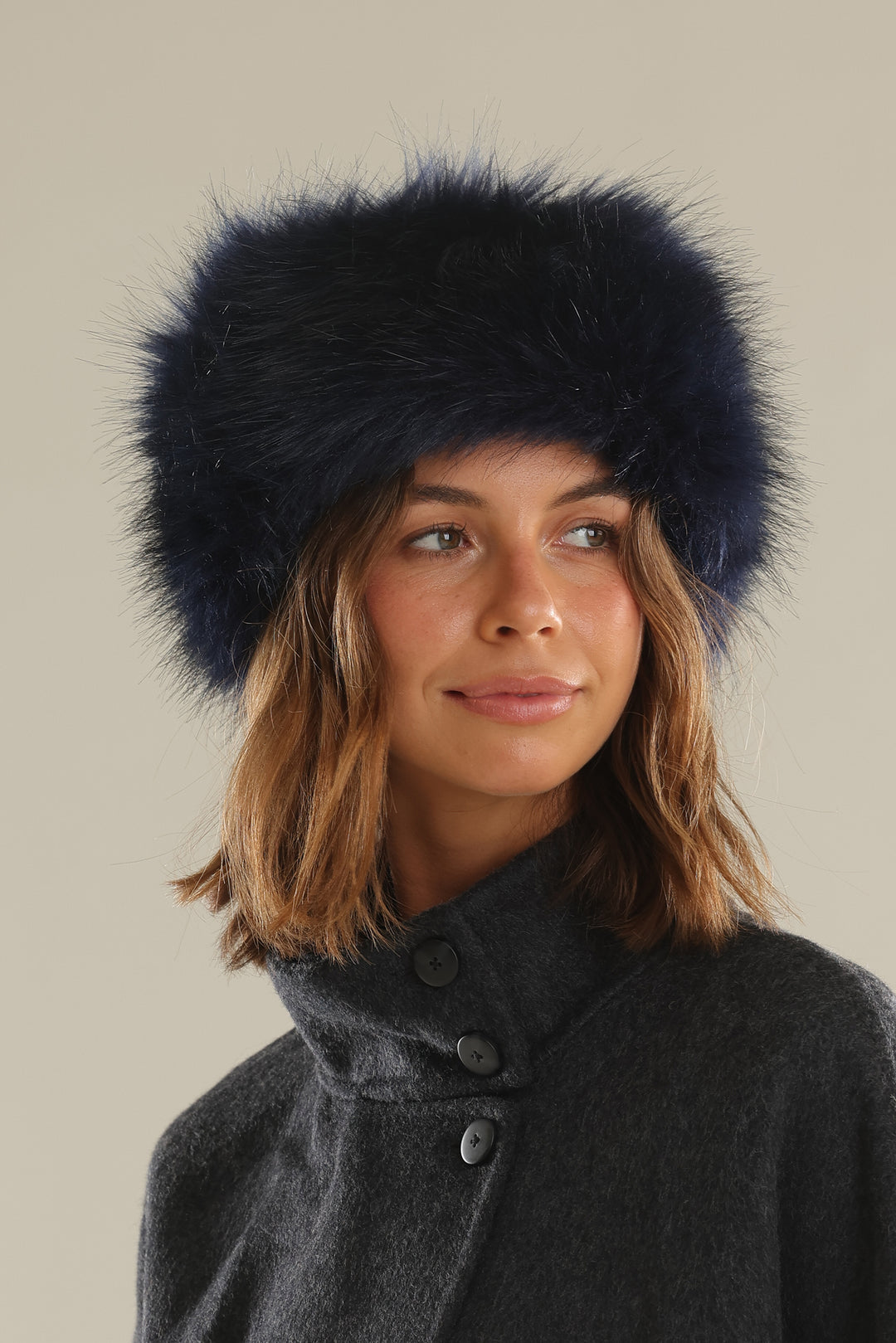 Navy Blue Faux Fur Headband Accent — Fur Hat Outfits