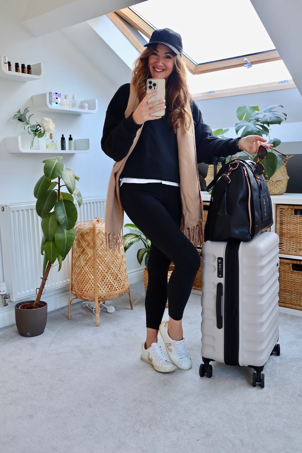Monochromatic Sweatshirt and Leggings with a Scarf Accent — Cabin Trip Outfits
