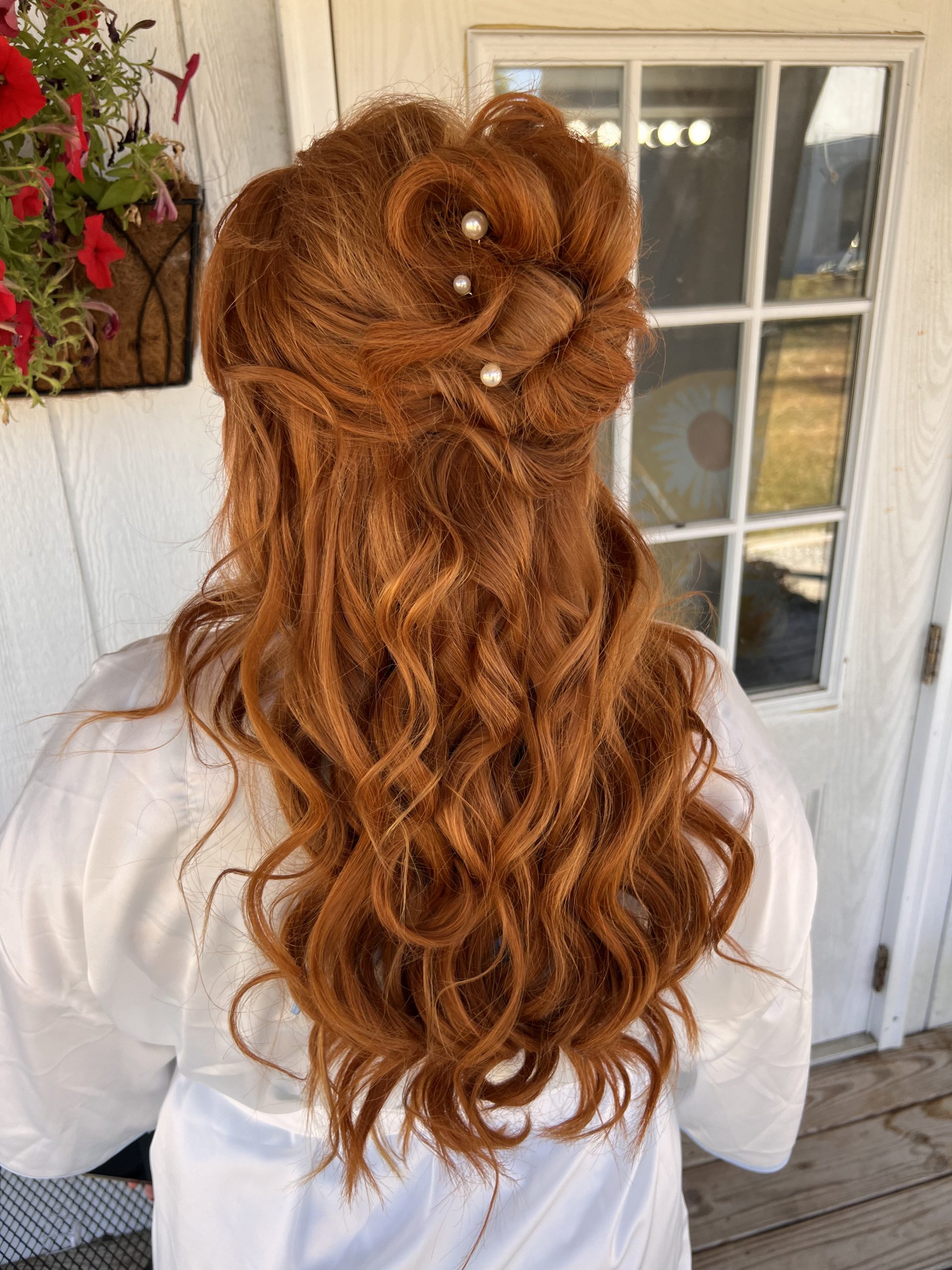Auburn Curls With Pearl Pins — Winter Half Up Half Down Hairstyles