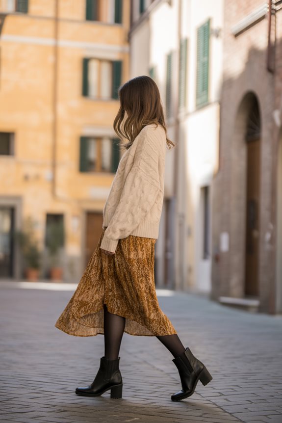 Beige Cable-Knit Sweater with Midi Skirt and Ankle Boots — Classy Winter Outfits