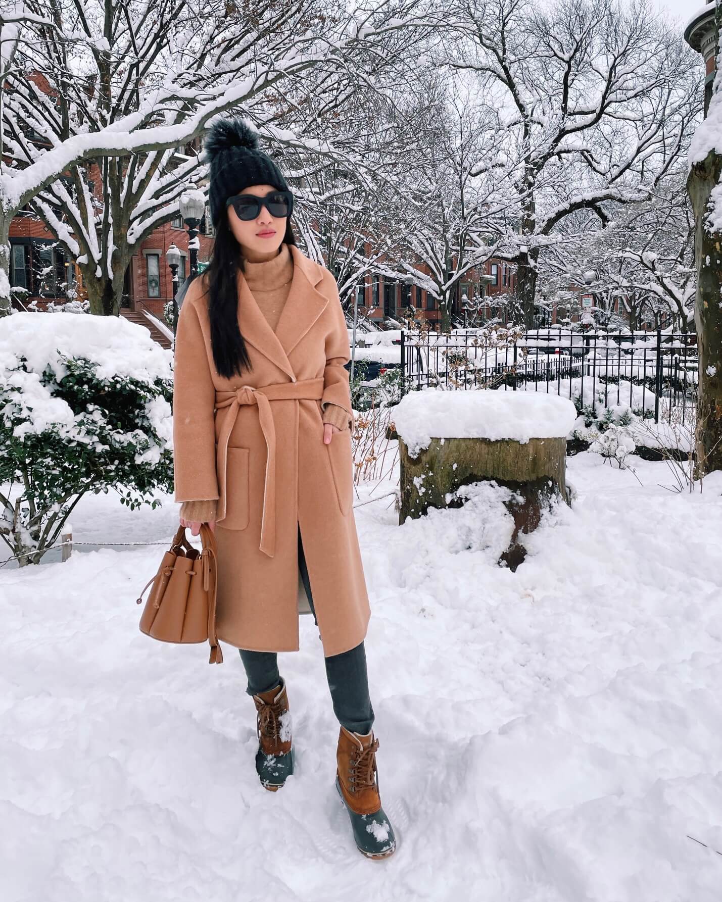 Camel Coat and Tan Turtleneck with Brown and Tan Snow Boots — Snow Boots Outfits