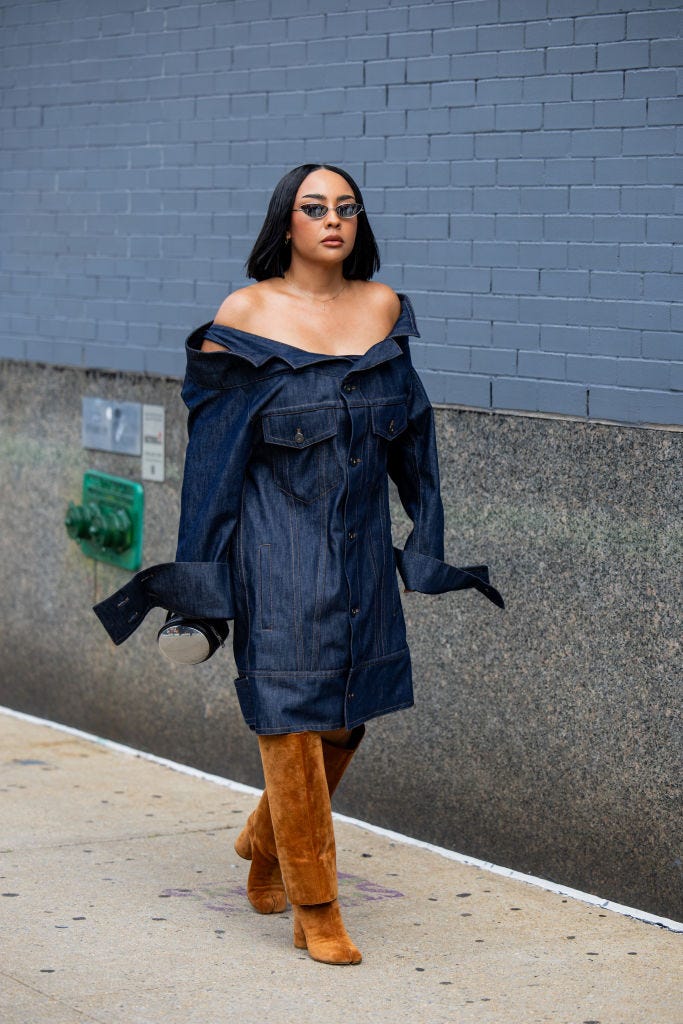 Tan Over-the-Knee Suede Boots with Off-the-Shoulder Denim Dress — Suede Boots Outfits