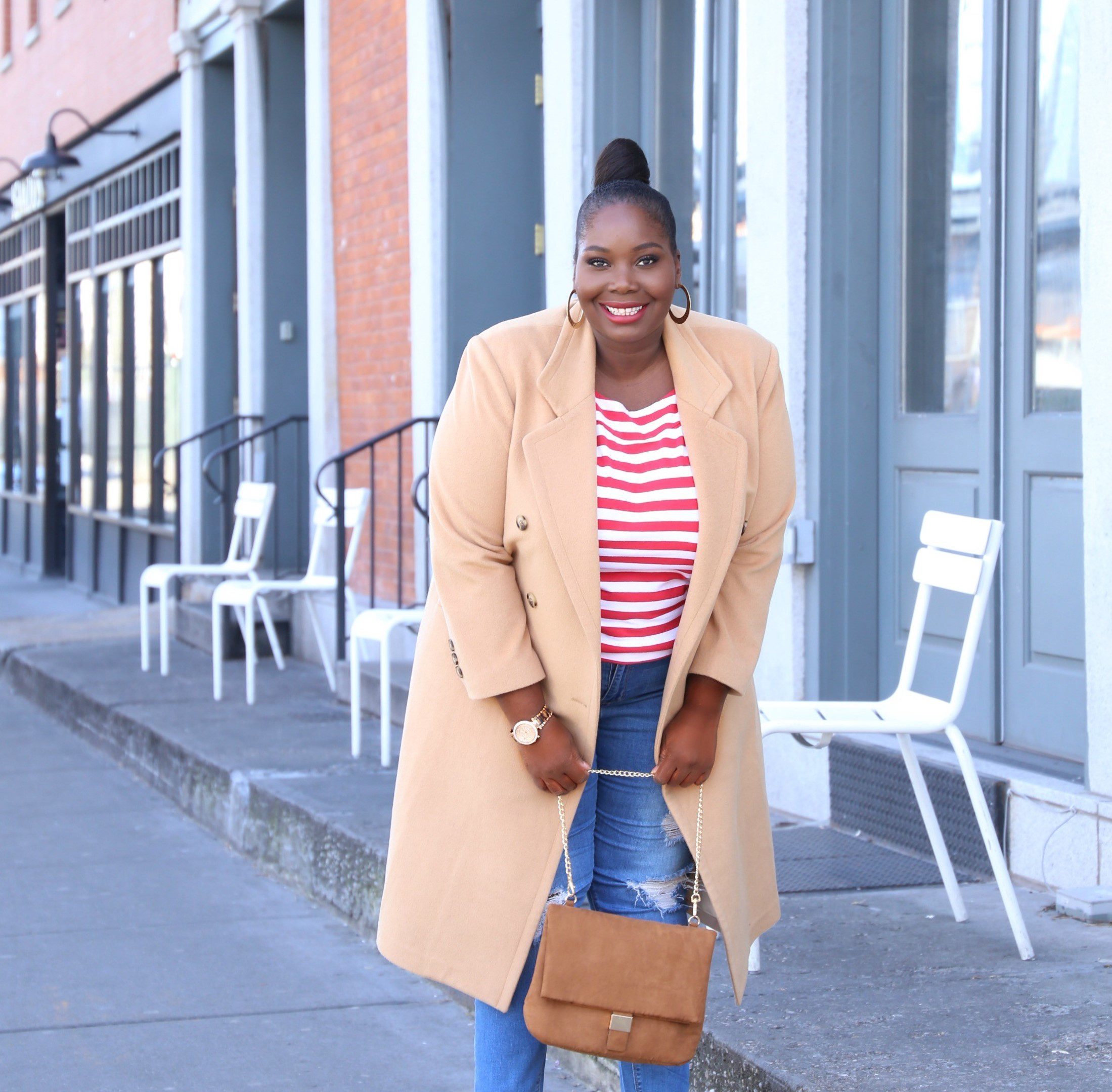 Casual Cool: Camel Coat with Stripes and Denim — Winter Outfits for Curvy Women